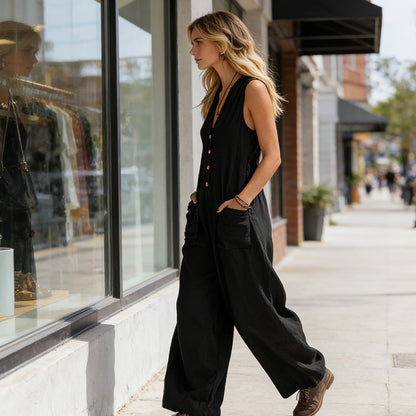 Women's Sleeveless V-Neck Wide-Leg Jumpsuit