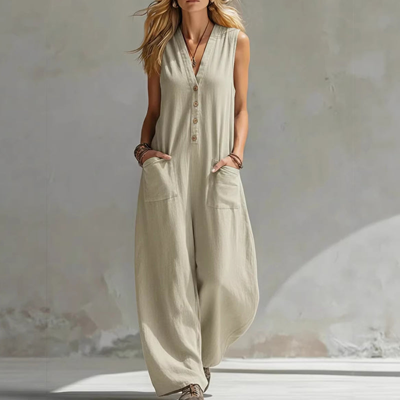 Women's Sleeveless V-Neck Wide-Leg Jumpsuit