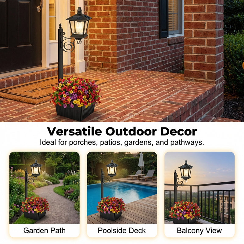 Outdoor Solar Garden Light with Planter Base – Vintage Warm Glow, All-Weather Iron Design & Dual Function 🌸🌙