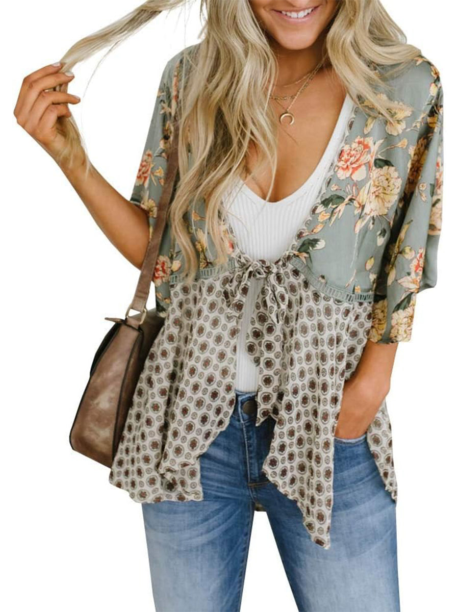 ✨Women's Floral Kimono Ruffle Sleeve Tie Cardigans Flowy Boho Loose Cover Ups