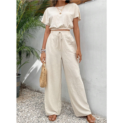 Short Sleeve Top Loose Straight Leg Pants Two Piece Set For Women