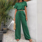 Short Sleeve Top Loose Straight Leg Pants Two Piece Set For Women
