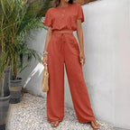 Short Sleeve Top Loose Straight Leg Pants Two Piece Set For Women