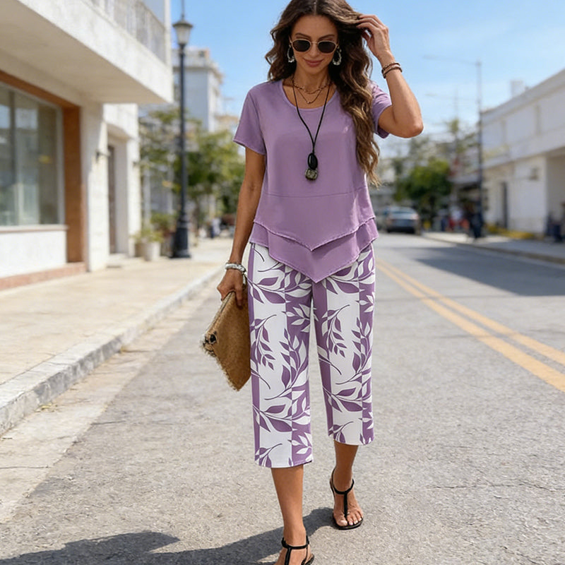🔥Women's 2-Piece Set – Layered Asymmetrical Tunic Top & Printed Wide Leg Pants, Breathable Polyester ✨
