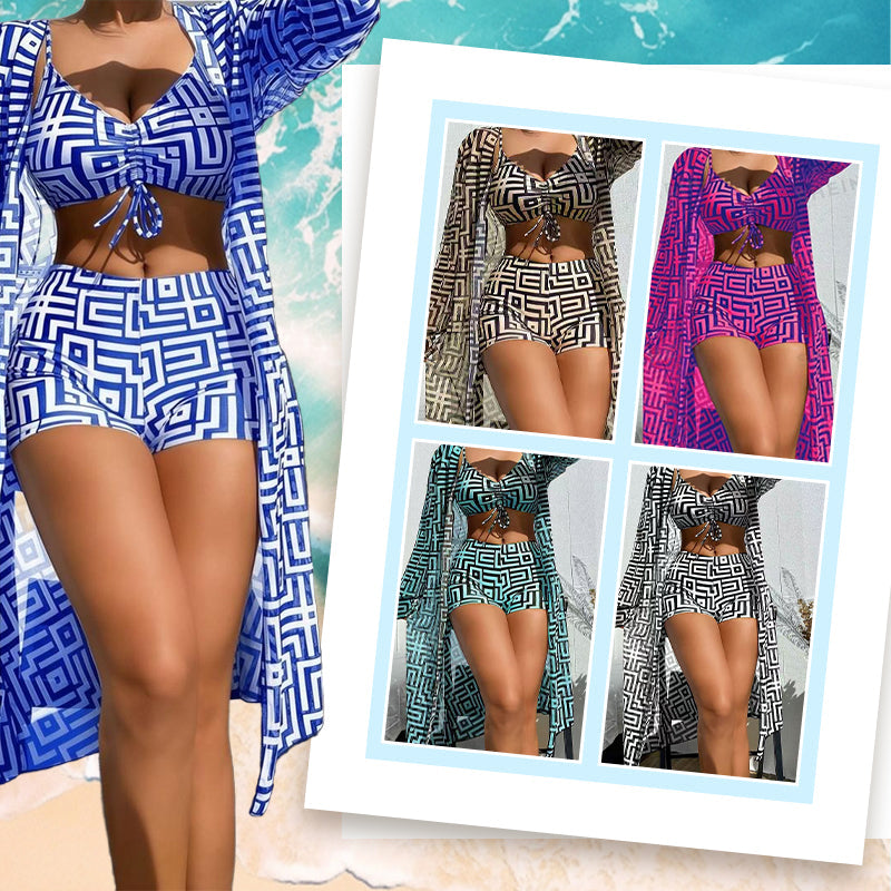 Women's Geometric Print 3-Piece Swimwear Set | High-Waisted Tummy Control Bikini & Sheer Cover-Up | Summer Beach Holiday Outfit