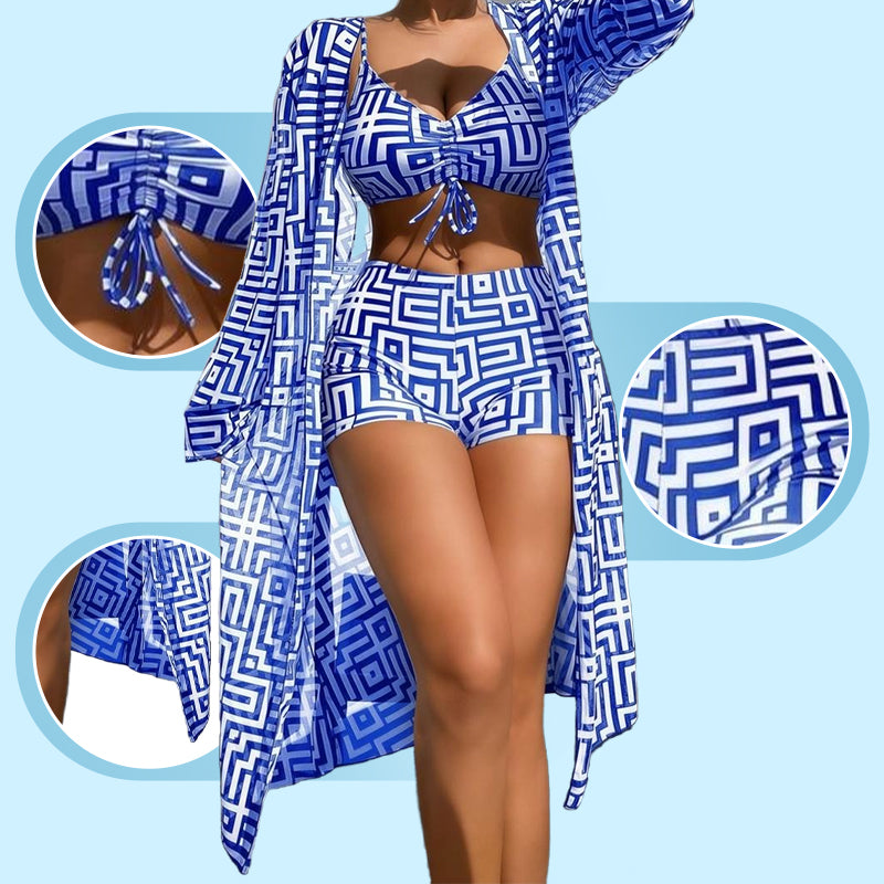 Women's Geometric Print 3-Piece Swimwear Set | High-Waisted Tummy Control Bikini & Sheer Cover-Up | Summer Beach Holiday Outfit