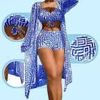 Women's Geometric Print 3-Piece Swimwear Set | High-Waisted Tummy Control Bikini & Sheer Cover-Up | Summer Beach Holiday Outfit