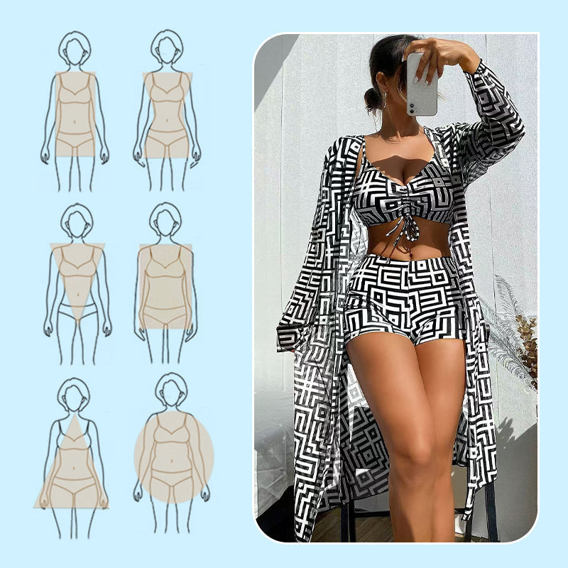 Women's Geometric Print 3-Piece Swimwear Set | High-Waisted Tummy Control Bikini & Sheer Cover-Up | Summer Beach Holiday Outfit