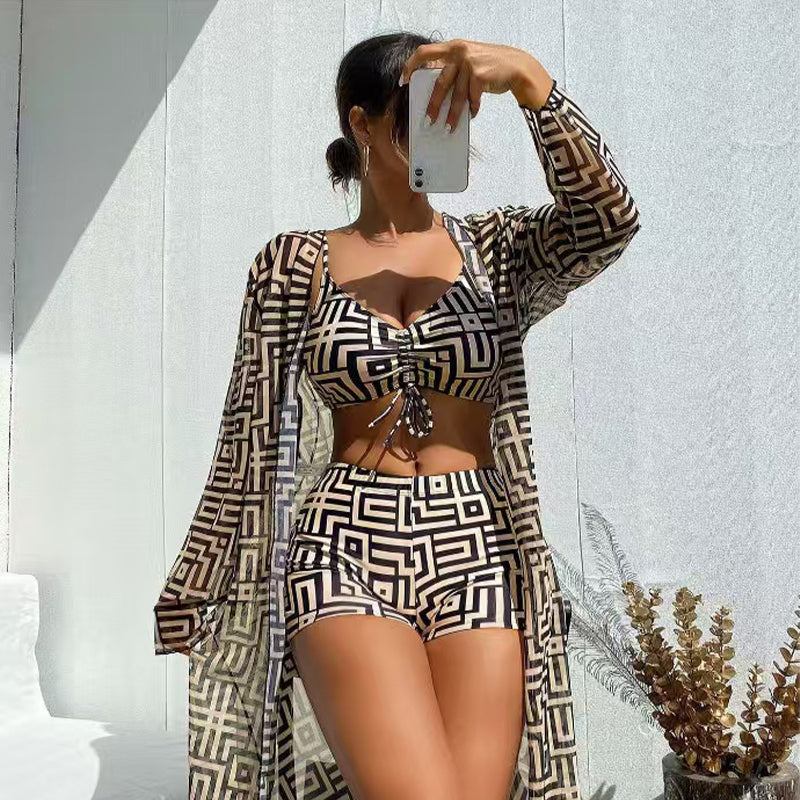 Women's Geometric Print 3-Piece Swimwear Set | High-Waisted Tummy Control Bikini & Sheer Cover-Up | Summer Beach Holiday Outfit