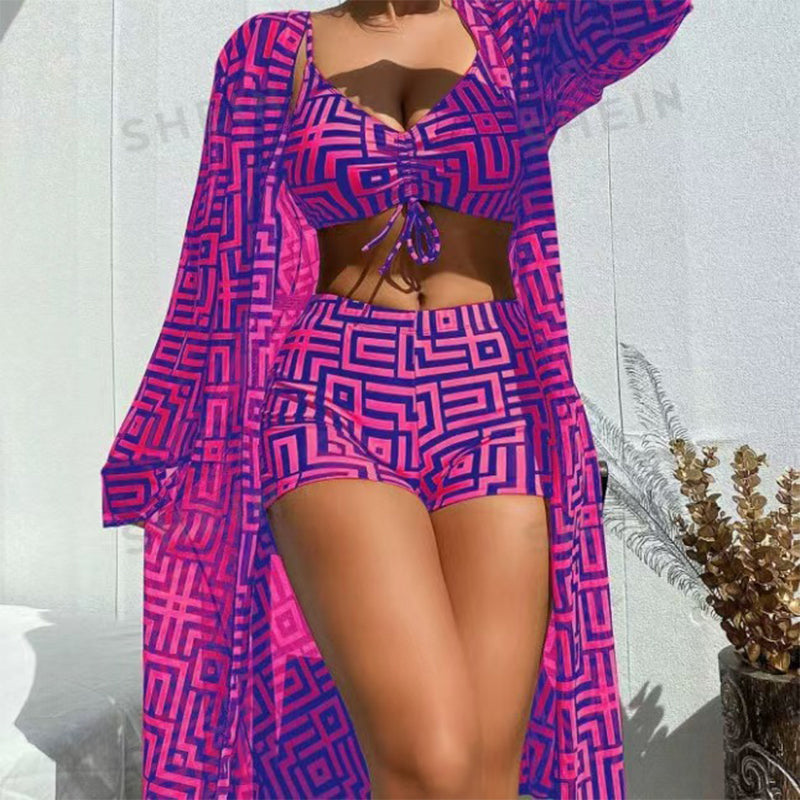 Women's Geometric Print 3-Piece Swimwear Set | High-Waisted Tummy Control Bikini & Sheer Cover-Up | Summer Beach Holiday Outfit