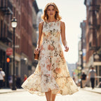 👗Women’s Sleeveless Floral Print Casual Dress – Smocked Bodice, Tiered Skirt, Midi Length ✨