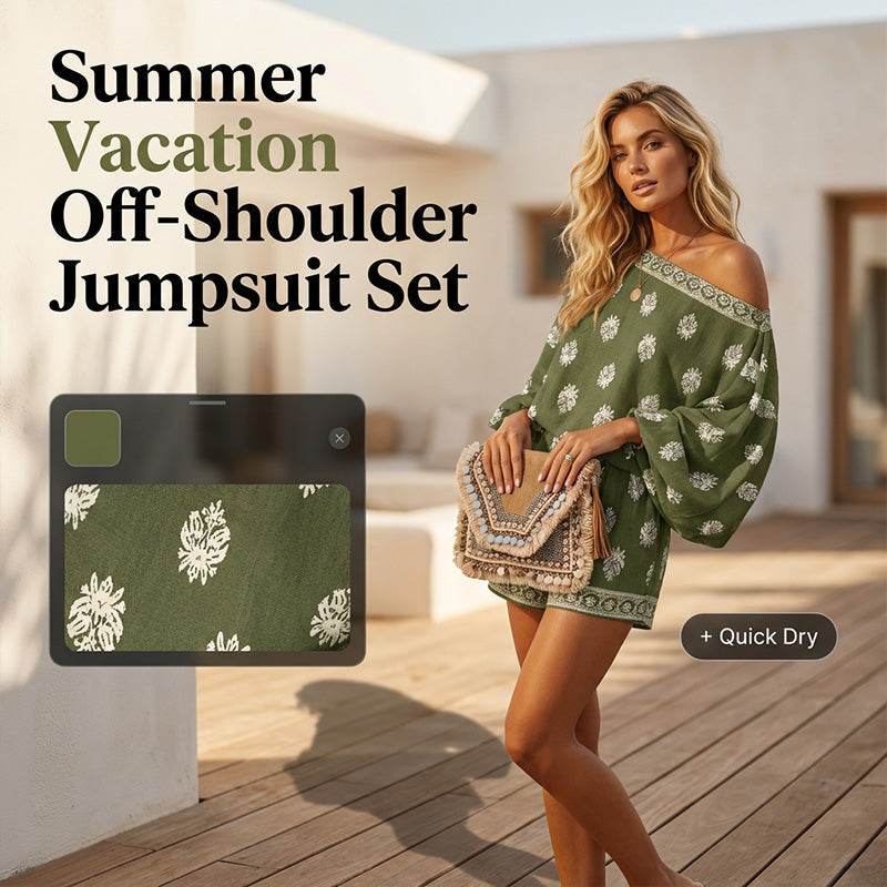 🌴👙 Bohemian Off-Shoulder Jumpsuit Set – Vintage Print & Pockets – Relaxed Vacation Romper 📸
