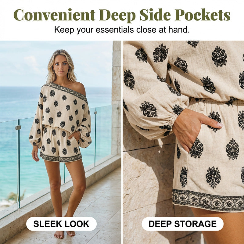 🌴👙 Bohemian Off-Shoulder Jumpsuit Set – Vintage Print & Pockets – Relaxed Vacation Romper 📸