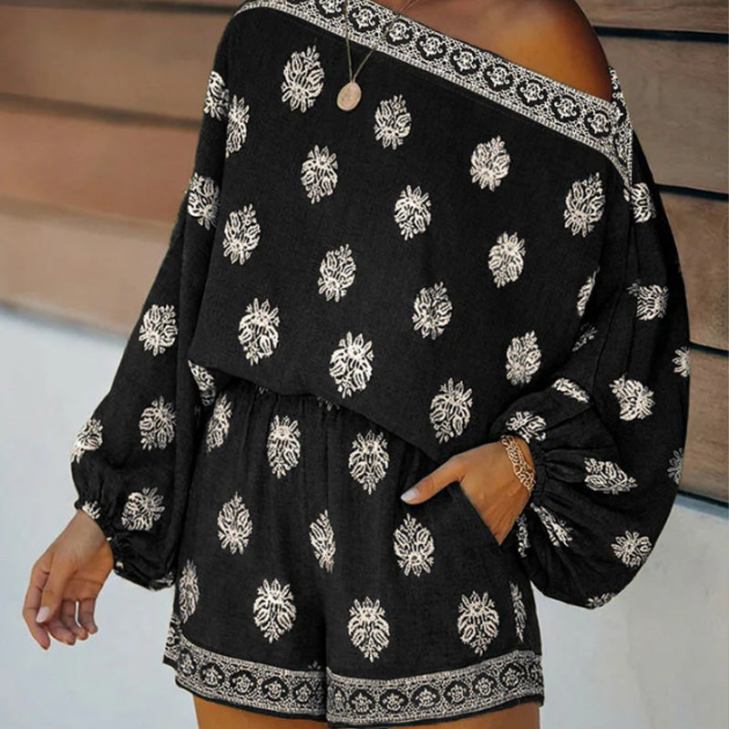 🌴👙 Bohemian Off-Shoulder Jumpsuit Set – Vintage Print & Pockets – Relaxed Vacation Romper 📸