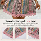 Women's V-Neck Mini Dress with Geometric Print & Lace Trim - Perfect for Vacations