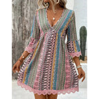 Women's V-Neck Mini Dress with Geometric Print & Lace Trim - Perfect for Vacations