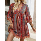 Women's V-Neck Mini Dress with Geometric Print & Lace Trim - Perfect for Vacations