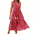 Women's Sleeveless Abstract Print Tiered Midi Dress