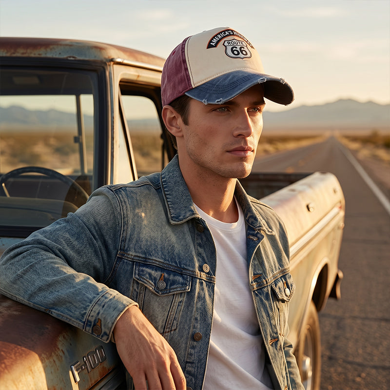 🏍️ Vintage Route 66 Baseball Cap – Distressed Style, Adjustable Fit.