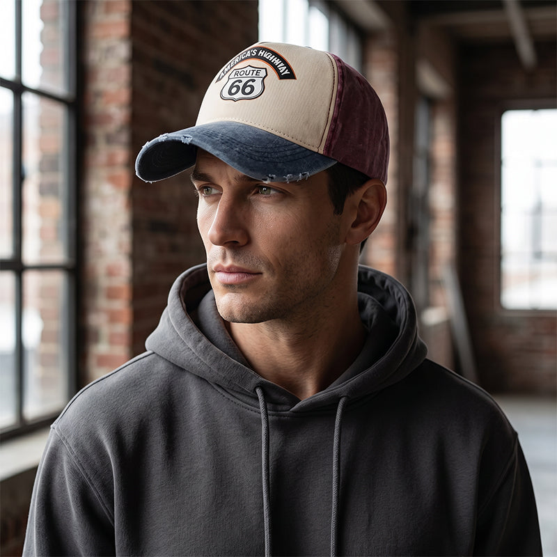 🏍️ Vintage Route 66 Baseball Cap – Distressed Style, Adjustable Fit.