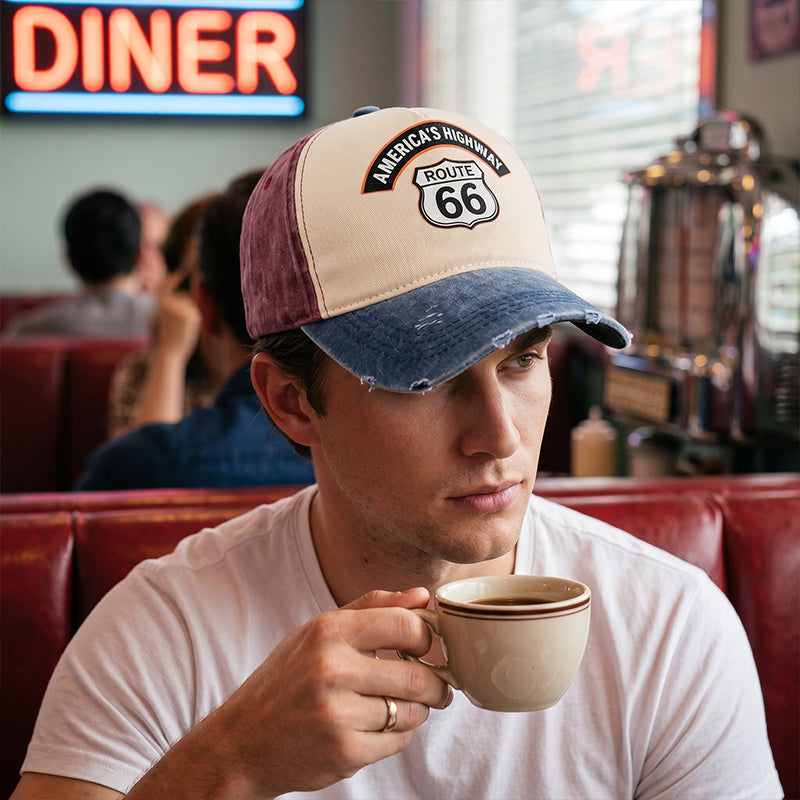 🏍️ Vintage Route 66 Baseball Cap – Distressed Style, Adjustable Fit.