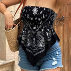 Women's Asymmetrical Hem Bandana Tube Top – Strapless, Smocked Bust & Paisley Print✨