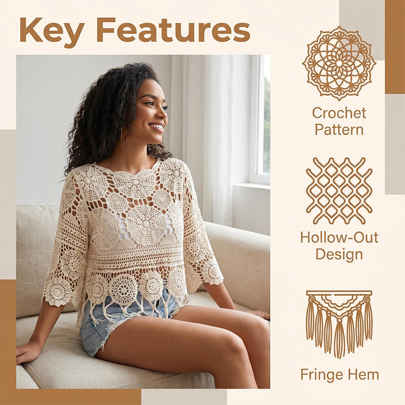 Bohemian Crochet Hollow-Out Top with Fringe Hem
