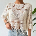 Bohemian Crochet Hollow-Out Top with Fringe Hem