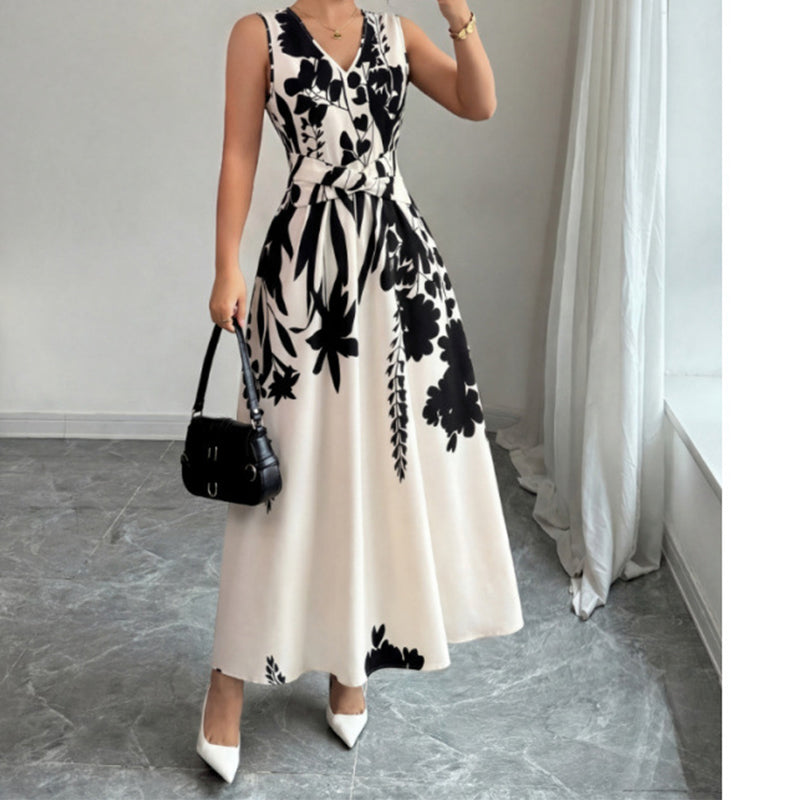 Women's Floral Print V-Neck Twisted Waist Maxi Dress
