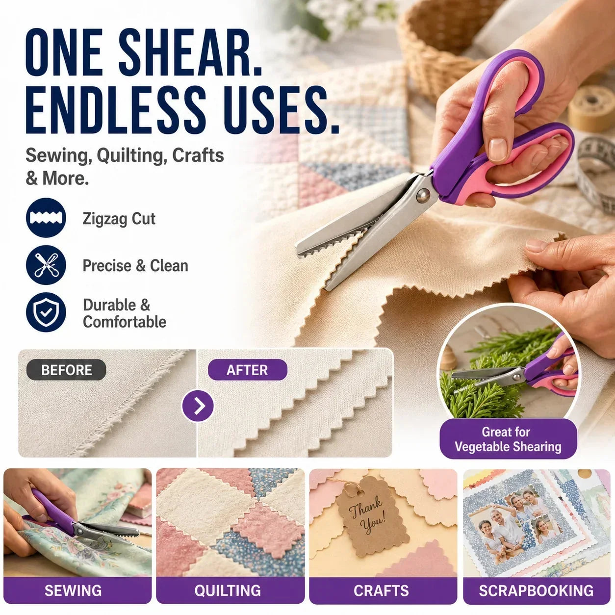 🧵 Premium Stainless Steel Pinking Shears – Ergonomic Soft-Grip, Zigzag Cut ✂️