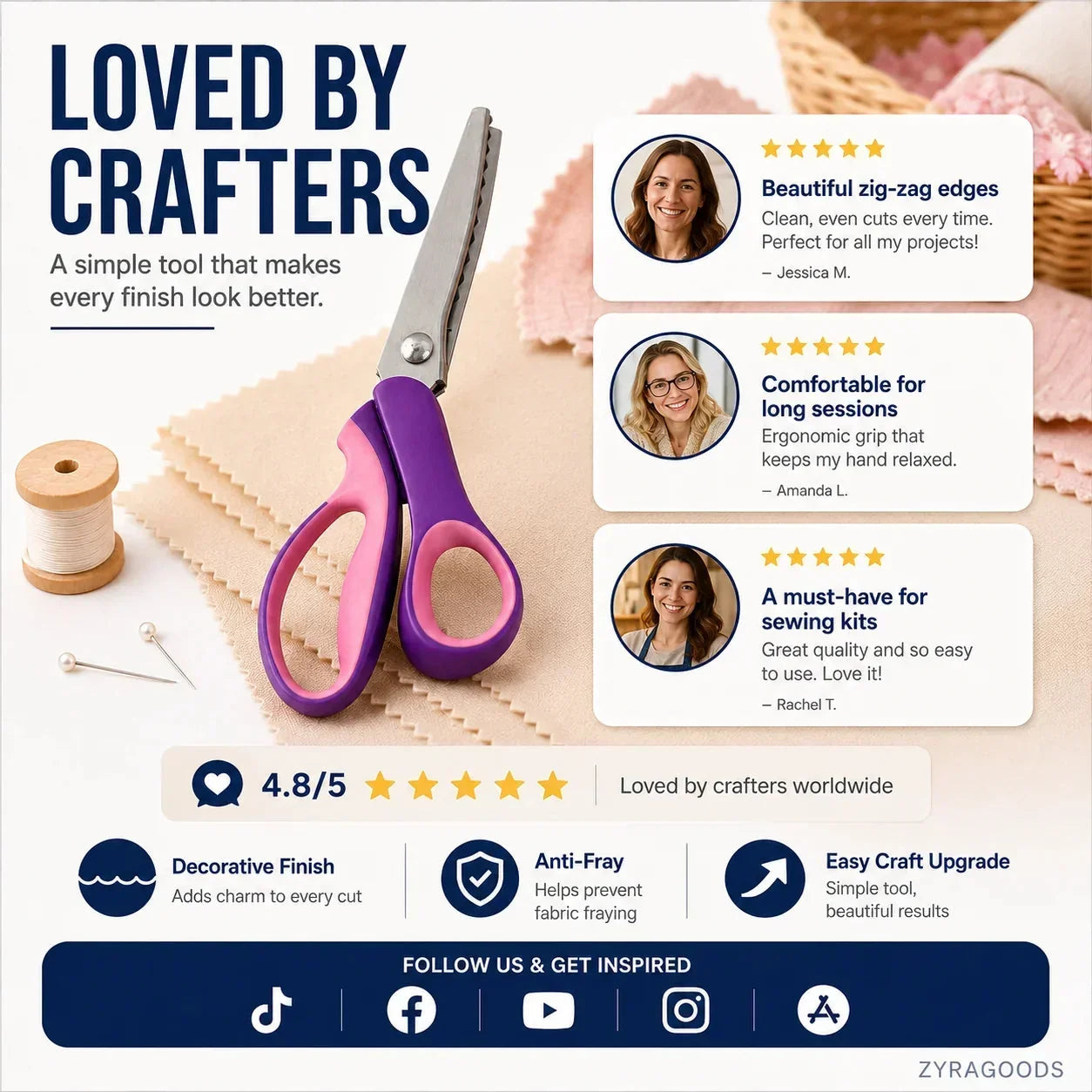 🧵 Premium Stainless Steel Pinking Shears – Ergonomic Soft-Grip, Zigzag Cut ✂️