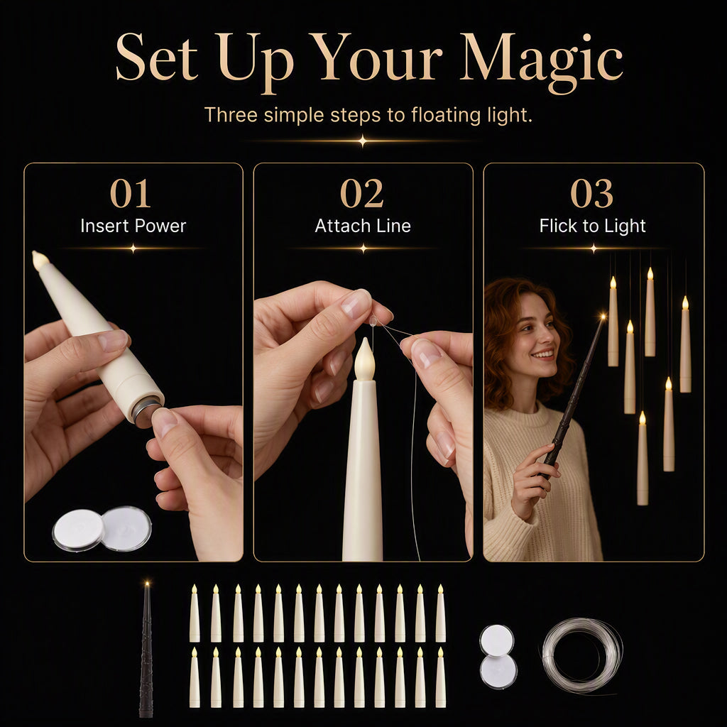 Magical Wand Remote Floating LED Taper Candles Set