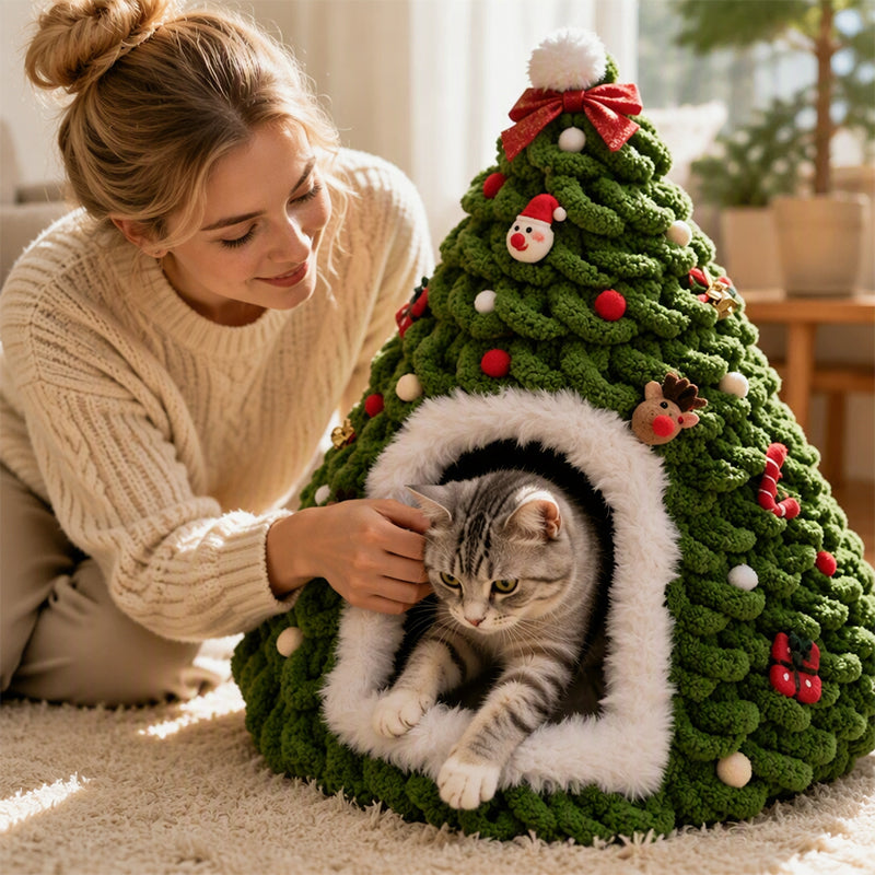 Cozy Christmas Tree Cat Cave