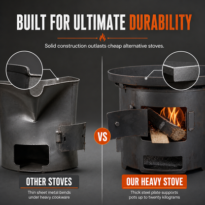 🔥 Heavy-Duty Camping Stove: Carbon Steel, Wood & Charcoal, High-Draft Airflow, 3-in-1 Cook