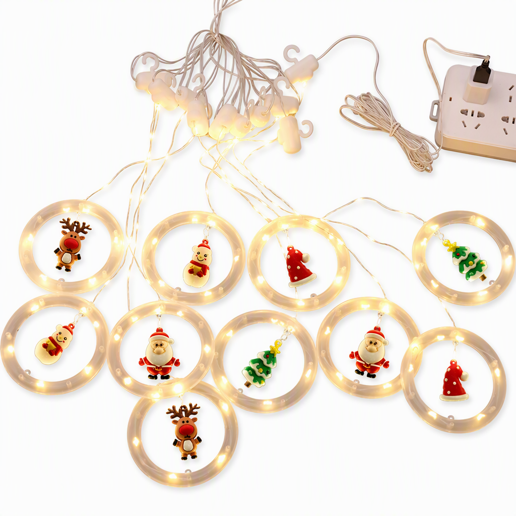LED Christmas Icicle String Lights USB Powered Star and Christmas Tree Ring Hanging Lights for Holiday Window Decoration