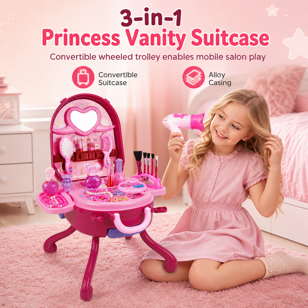 👑 ✨ 3-in-1 Princess Vanity Suitcase — 30 Makeup Toys & Rolling Trolley 🧳